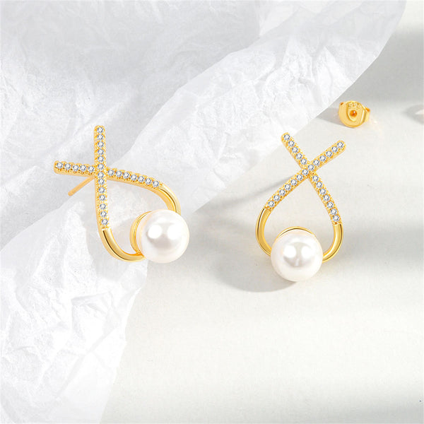 Cubic Zirconia & Pearl Twist Stud Earrings