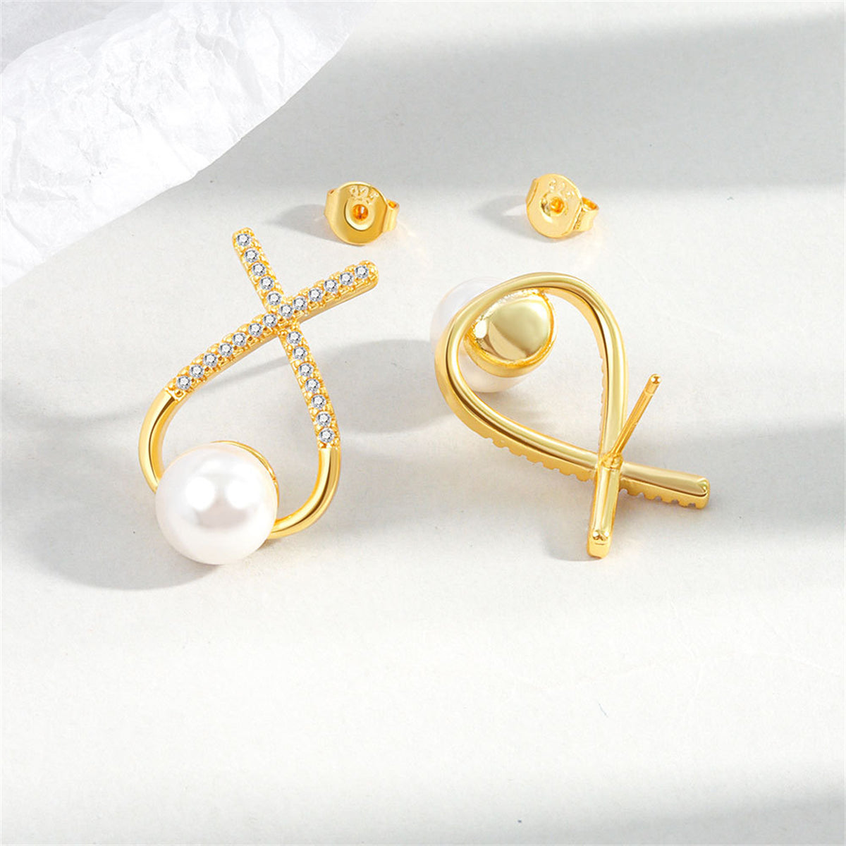 Cubic Zirconia & Pearl Twist Stud Earrings