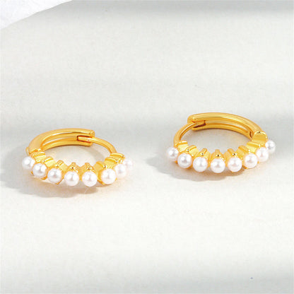 Pearl and 18K Gold-Plated Huggie Earrings, gold huggie earrings, elegant gift for her, side view