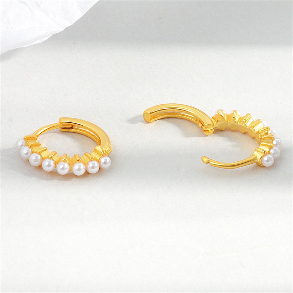 Pearl and 18K Gold-Plated Huggie Earrings, gold huggie earrings, elegant gift for her, styled look