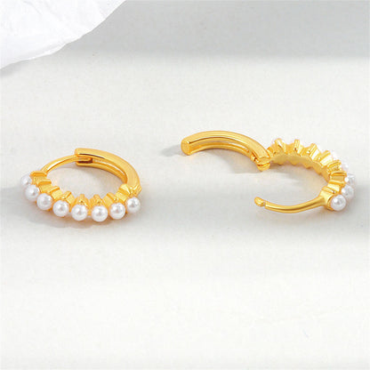 Pearl and 18K Gold-Plated Huggie Earrings, gold huggie earrings, elegant gift for her, styled look