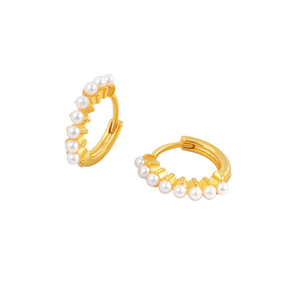 Pearl and 18K Gold-Plated Huggie Earrings, gold huggie earrings, elegant gift for her, front view