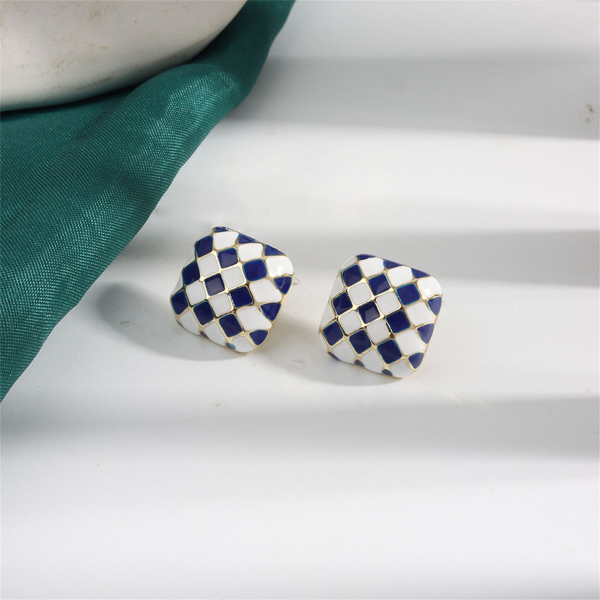 Blue & White Checkerboard Square Stud Earrings