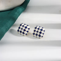 Blue & White Checkerboard Square Stud Earrings