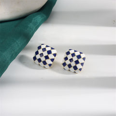 Blue & White Checkerboard Square Stud Earrings