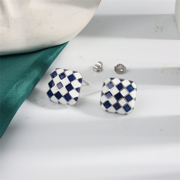 Blue & White Silver-Plated Checkerboard Square Stud Earrings