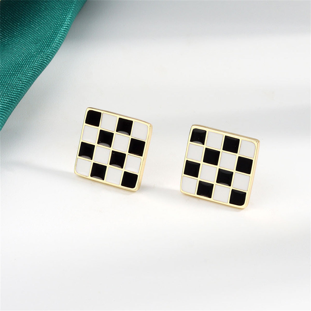 Black and White Plaid Square Stud Earrings, stud earrings for women, elegant gift for her, front view