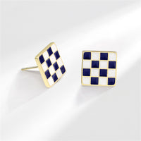 Blue Enamel & 18k Gold-Plated Plaid Square Stud Earrings