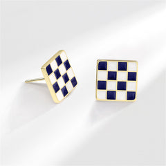 Blue Enamel & 18K Gold-Plated Plaid Square Stud Earrings
