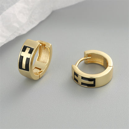 Black Enamel and 18K Gold-Plated Cross Huggie Earrings, gold huggie earrings, everyday style, front view