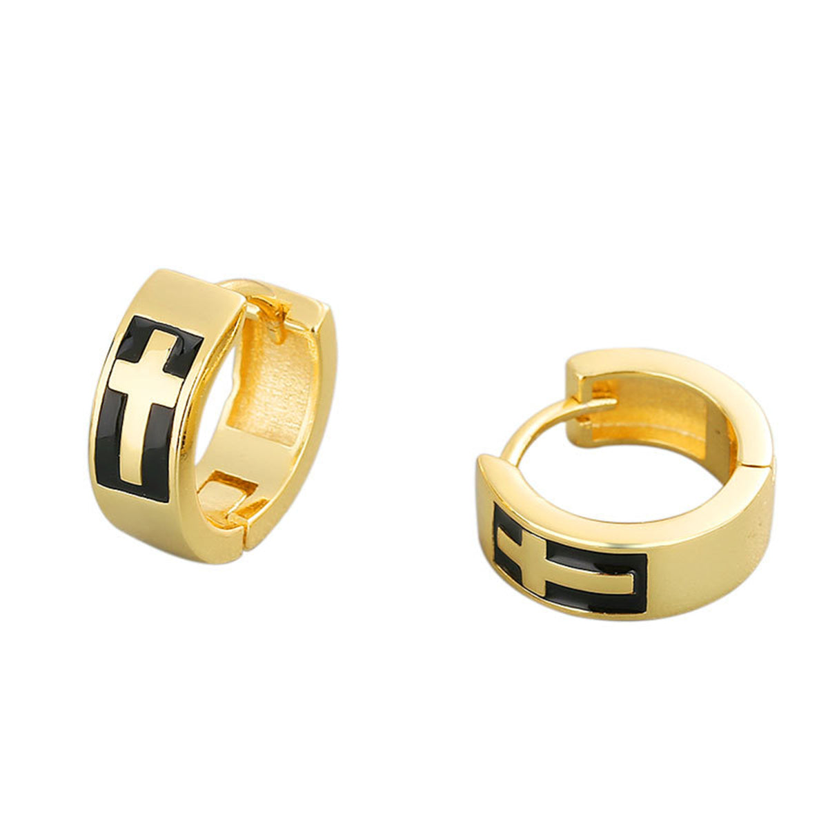 Black Enamel and 18K Gold-Plated Cross Huggie Earrings, gold huggie earrings, everyday style, side view