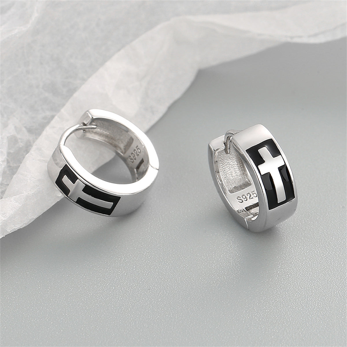 Black Enamel and Silver-Plated Cross Huggie Earrings, silver huggie earrings, elegant gift for her, front view
