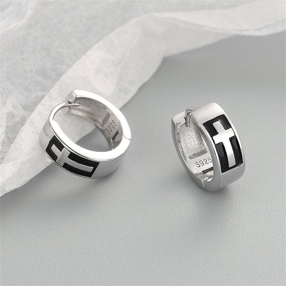 Black Enamel and Silver-Plated Cross Huggie Earrings, silver huggie earrings, elegant gift for her, front view