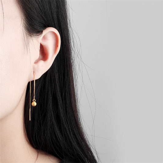 18K Gold-Plated Frosted Bead Threader Earrings, gold drop earrings for women, elegant gift for her, front view