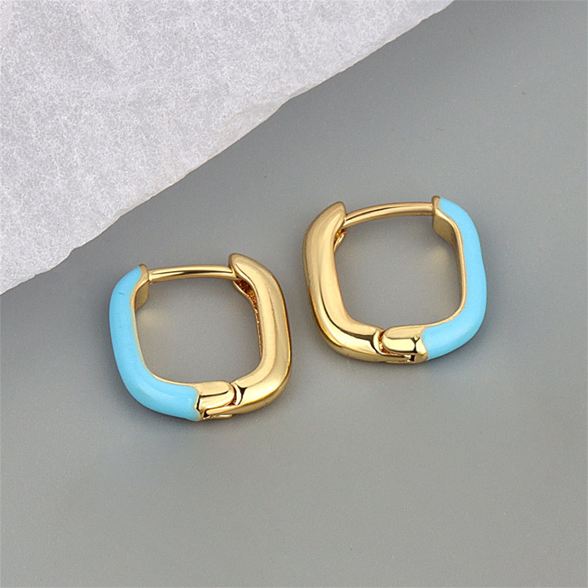 Blue Enamel and 18K Gold-Plated Square Huggie Earrings, gold huggie earrings, dainty minimalist design, front view