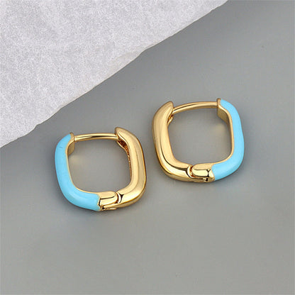 Blue Enamel and 18K Gold-Plated Square Huggie Earrings, gold huggie earrings, dainty minimalist design, front view