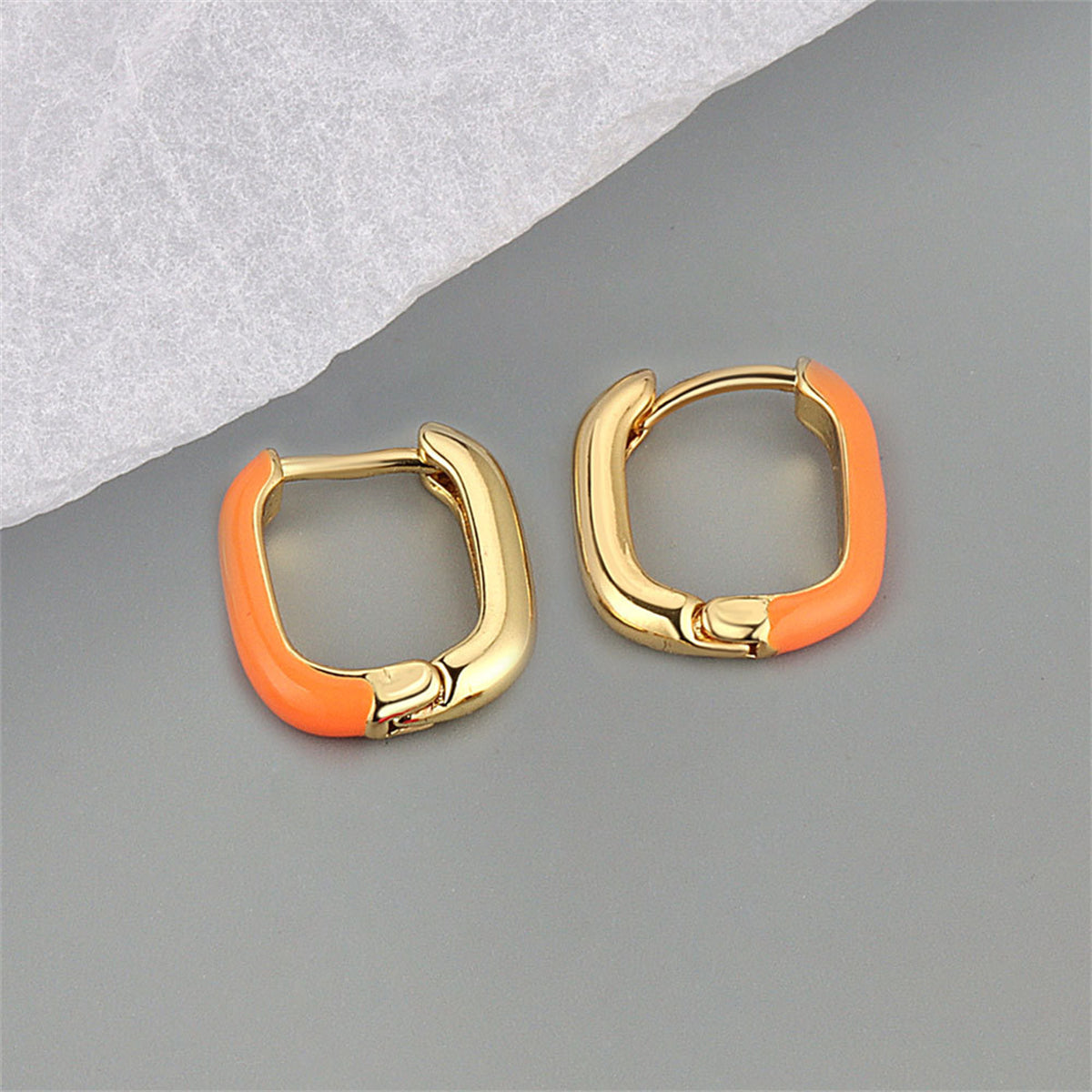 Orange Enamel & 18K Gold-Plated Square Huggie Earrings
