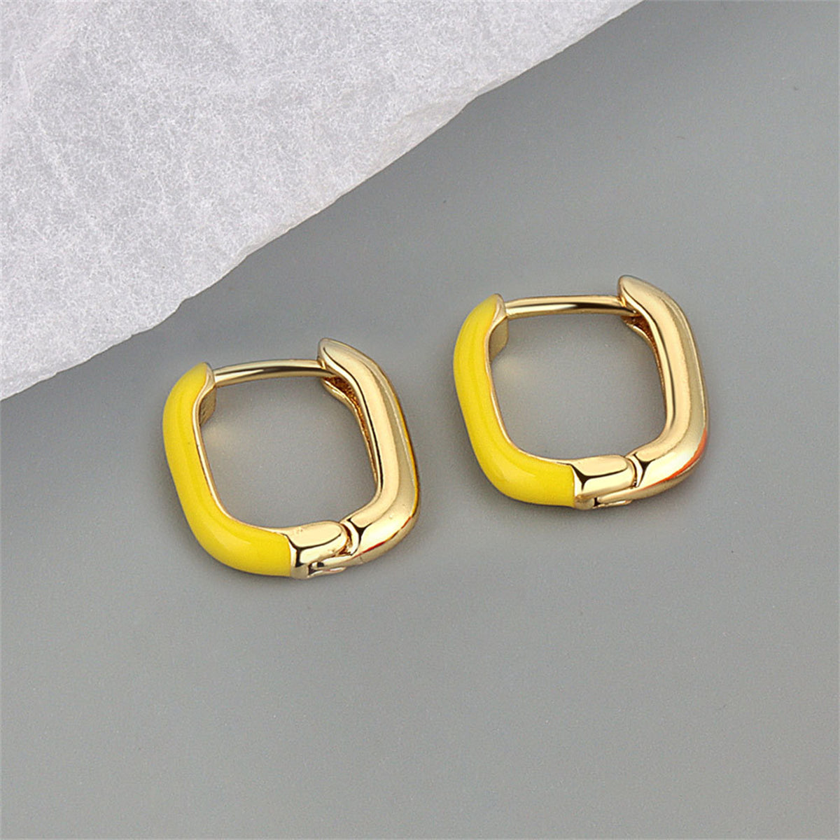 Yellow Enamel and 18K Gold-Plated Square Huggie Earrings, gold huggie earrings, dainty minimalist design, front view