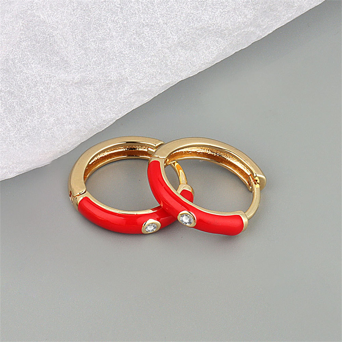 Cubic Zirconia and Red Enamel Huggie Earrings, huggie earrings, botanical inspired, front view
