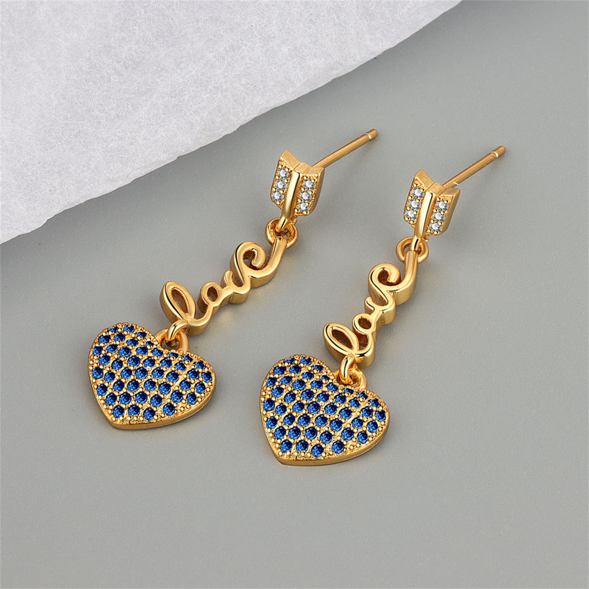 Blue Cubic Zirconia and 18K Gold-Plated 'LOVE' Heart Drop Earrings, gold drop earrings for women, everyday style, front view