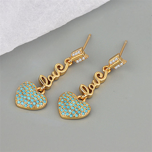 Cyan Cubic Zirconia and 18K Gold-Plated 'LOVE' Heart Drop Earrings, gold drop earrings for women, front view