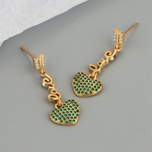 Green Cubic Zirconia and 18K Gold-Plated 'LOVE' Heart Drop Earrings, gold drop earrings for women, front view