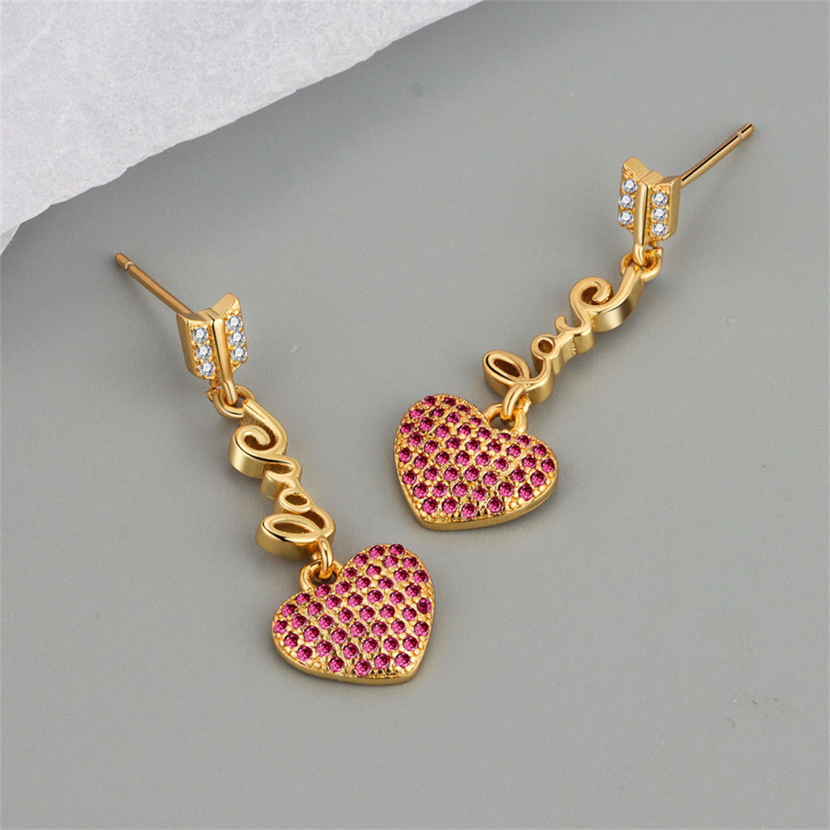 Red Cubic Zirconia and 18K Gold-Plated 'LOVE' Heart Drop Earrings, gold drop earrings for women, front view