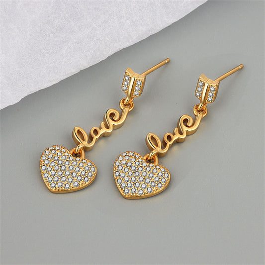 Cubic Zirconia and 18K Gold-Plated 'LOVE' Heart Drop Earrings, gold drop earrings for women, elegant gift for her, front view
