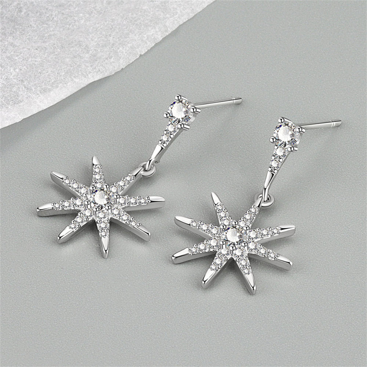 Cubic Zirconia and Silver-Plated Star Drop Earrings, silver drop earrings for women, elegant gift for her, front view