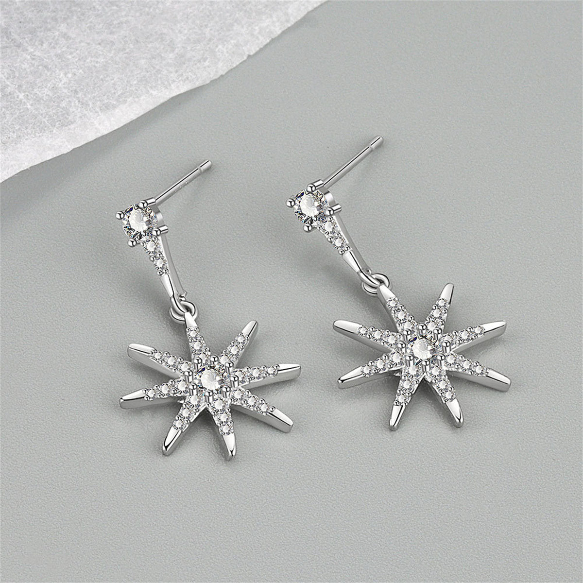 Cubic Zirconia and Silver-Plated Star Drop Earrings, silver drop earrings for women, elegant gift for her, side view