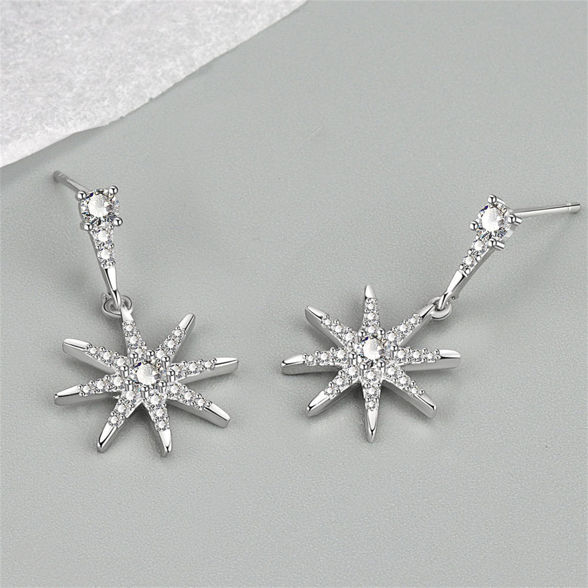 Cubic Zirconia and Silver-Plated Star Drop Earrings, silver drop earrings for women, elegant gift for her, detail close-up