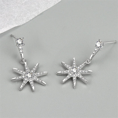Cubic Zirconia and Silver-Plated Star Drop Earrings, silver drop earrings for women, elegant gift for her, detail close-up