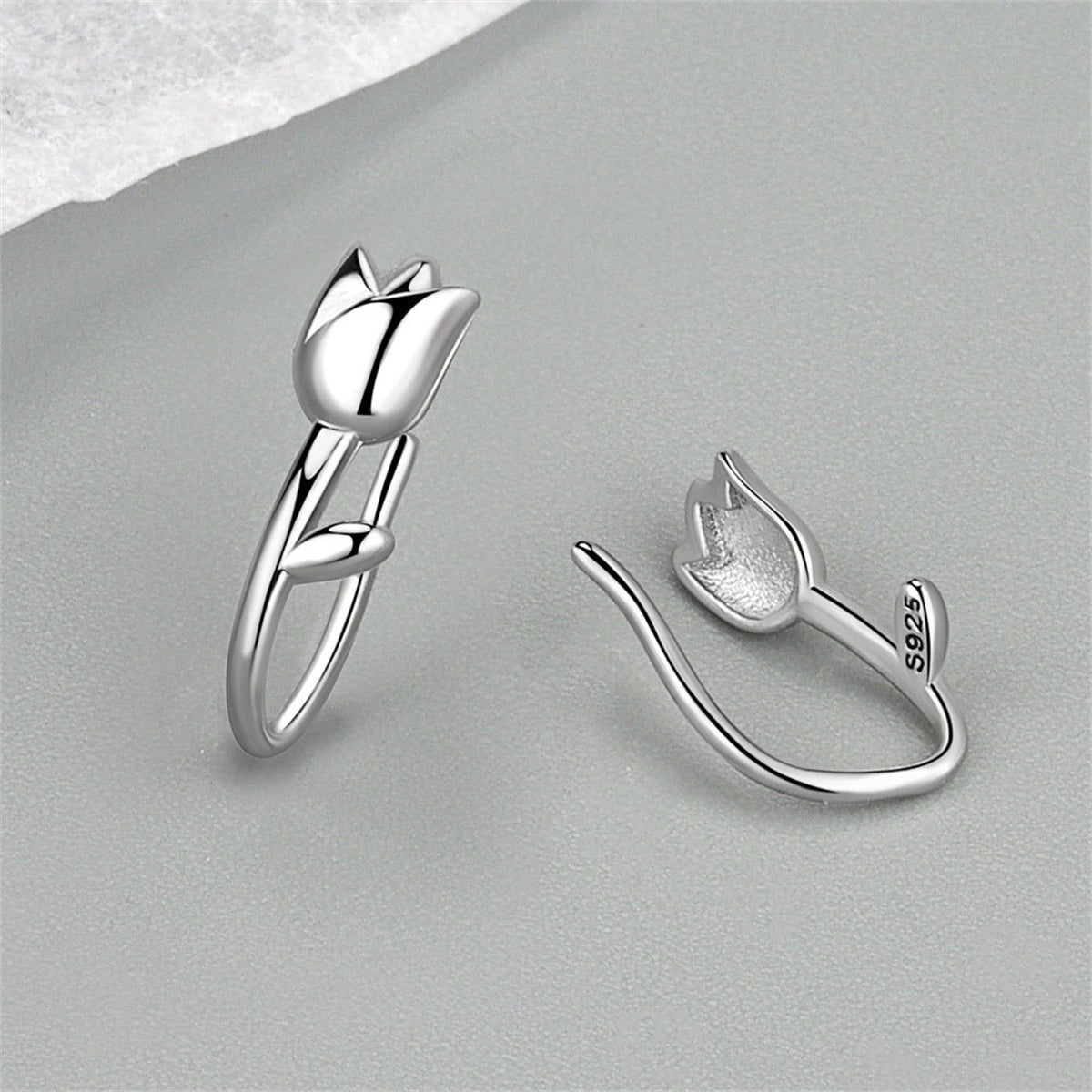 Silver-Plated Tulip Ear Climbers, silver stud earrings for women, dainty minimalist design, detail close-up