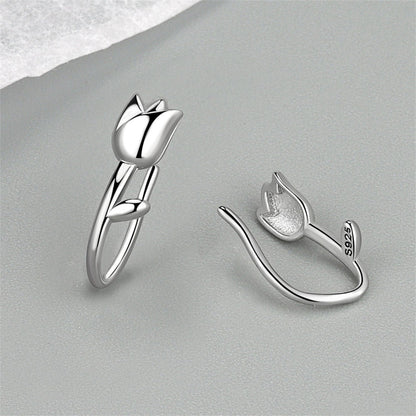 Silver-Plated Tulip Ear Climbers, silver stud earrings for women, dainty minimalist design, detail close-up