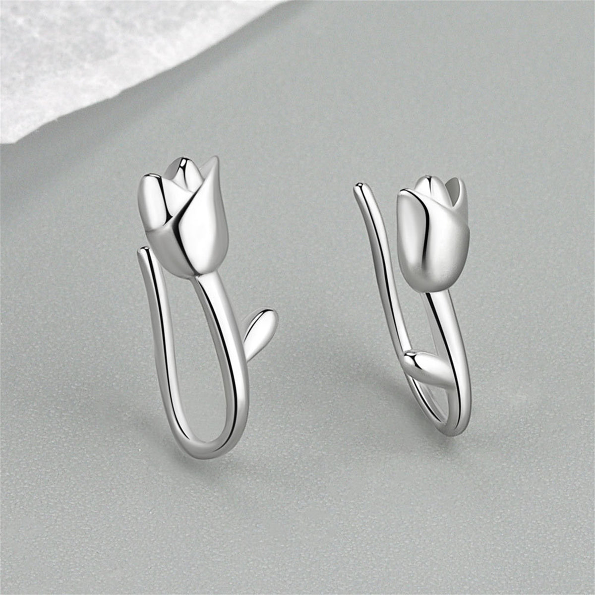 Silver-Plated Tulip Ear Climbers, silver stud earrings for women, dainty minimalist design, front view