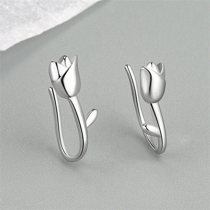 Silver-Plated Tulip Ear Climbers, silver stud earrings for women, dainty minimalist design, front view