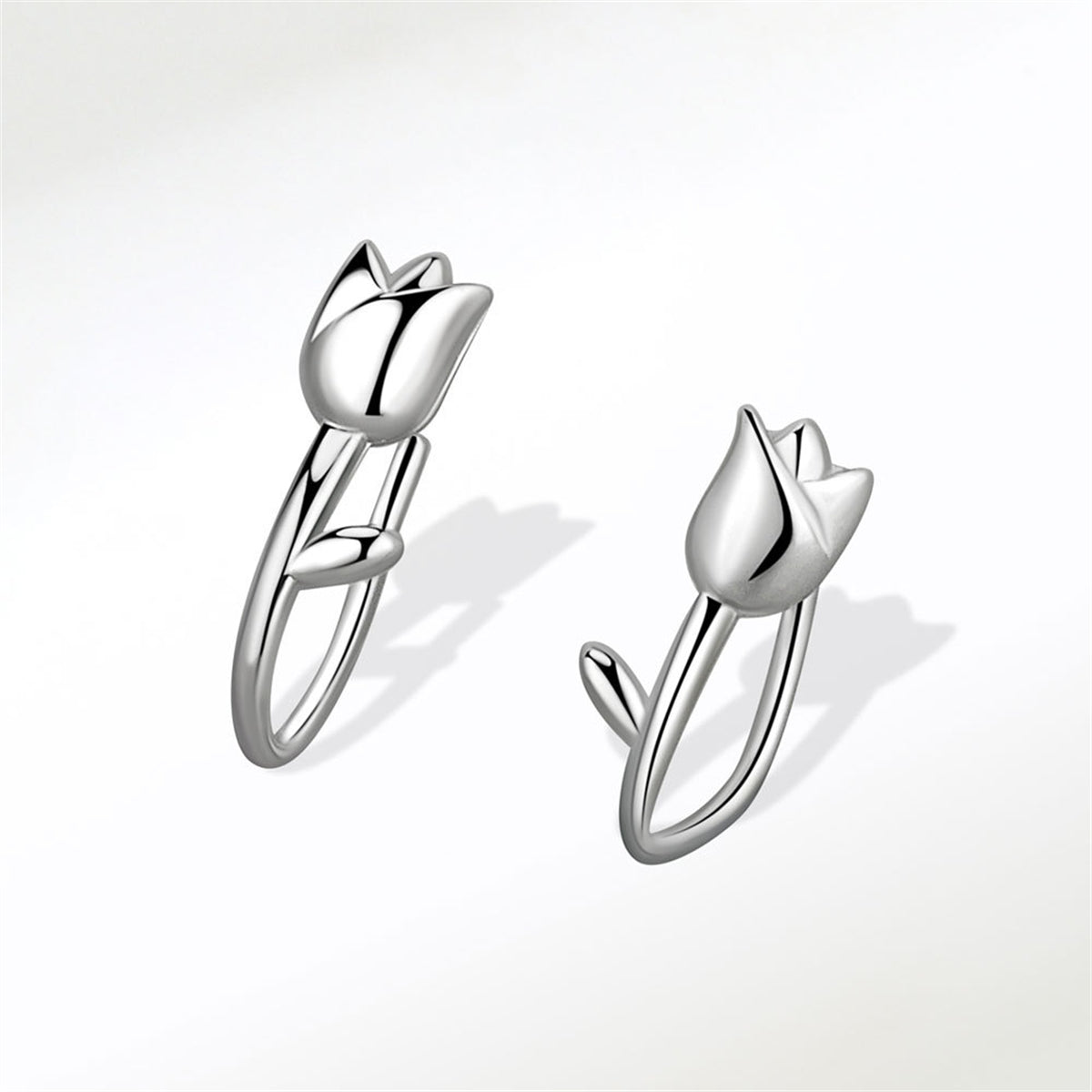 Silver-Plated Tulip Ear Climbers, silver stud earrings for women, dainty minimalist design, lifestyle look
