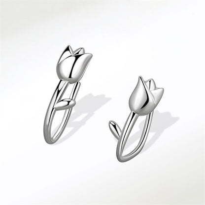 Silver-Plated Tulip Ear Climbers, silver stud earrings for women, dainty minimalist design, lifestyle look