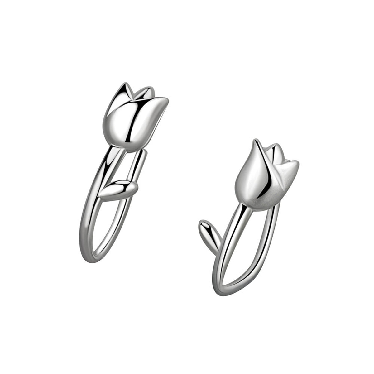 Silver-Plated Tulip Ear Climbers, silver stud earrings for women, dainty minimalist design, side view
