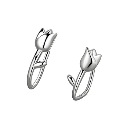 Silver-Plated Tulip Ear Climbers, silver stud earrings for women, dainty minimalist design, side view