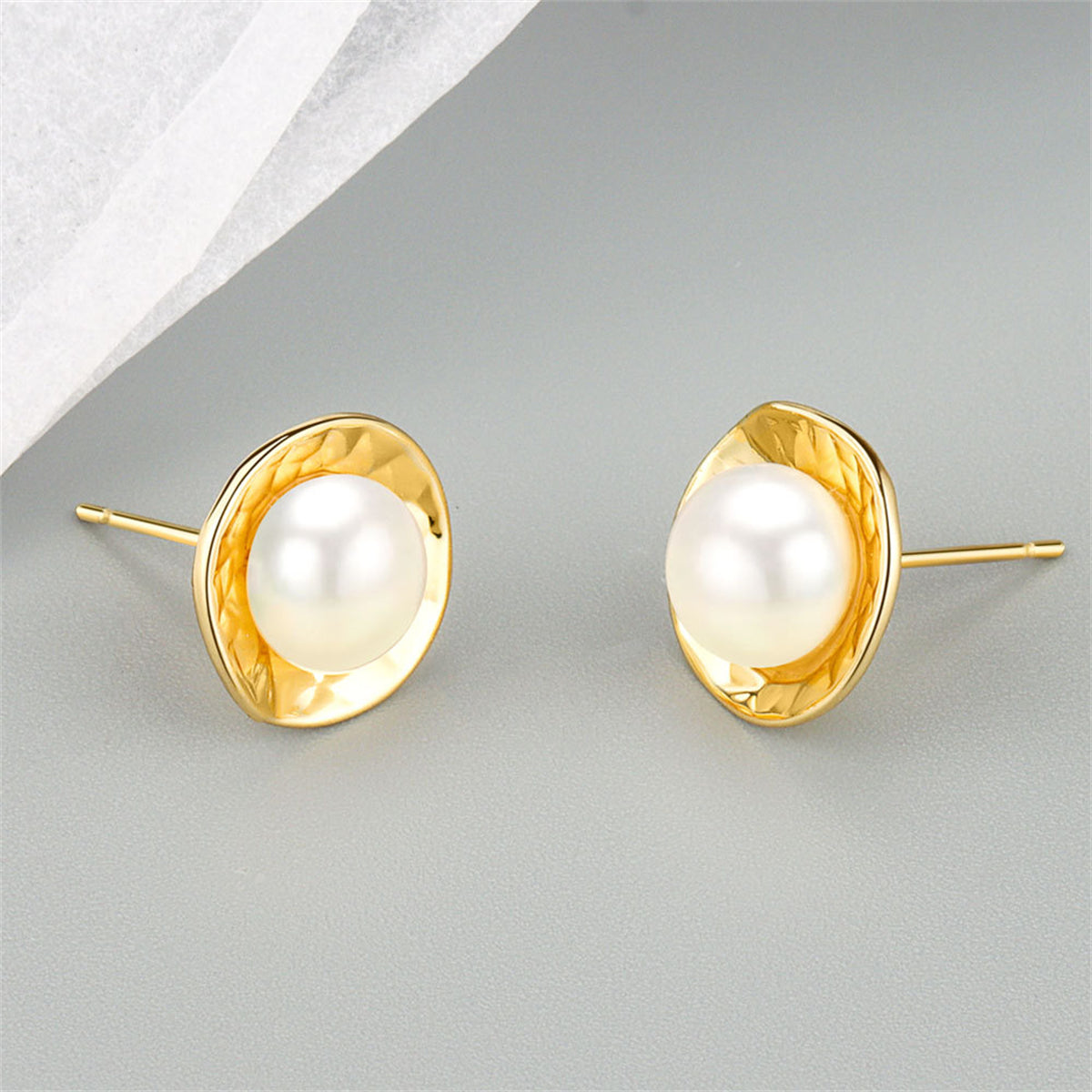 Pearl and 18K Gold-Plated Round Stud Earrings, gold stud earrings for women, dainty minimalist design, front view