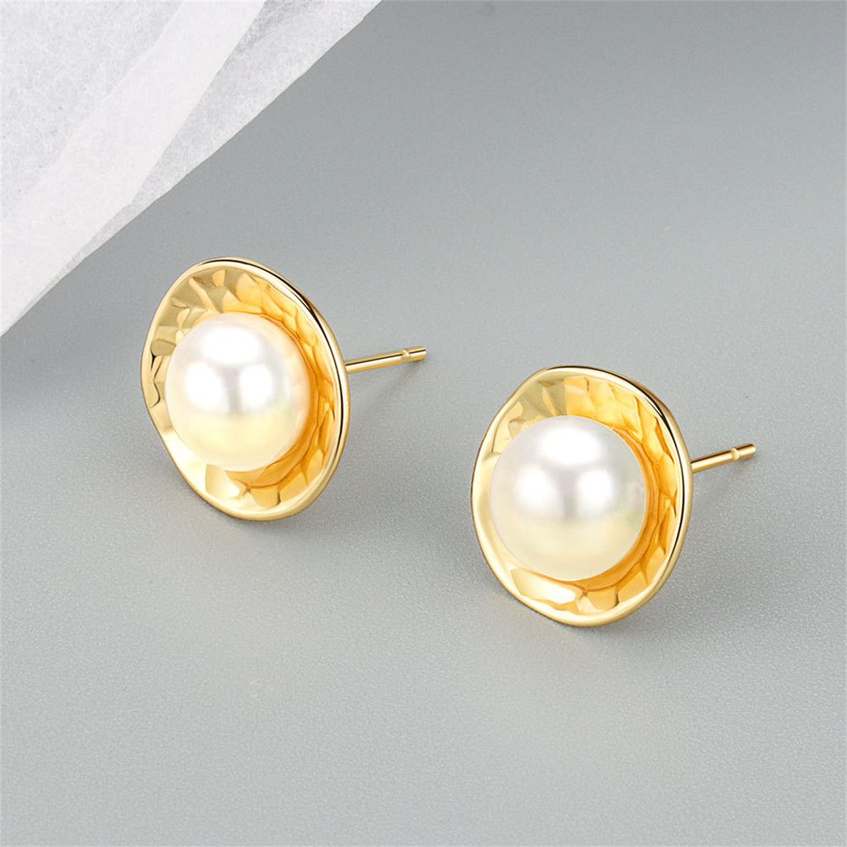 Pearl and 18K Gold-Plated Round Stud Earrings, gold stud earrings for women, dainty minimalist design, side view