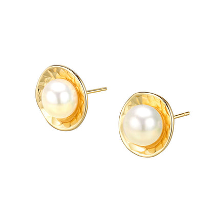Pearl and 18K Gold-Plated Round Stud Earrings, gold stud earrings for women, dainty minimalist design, styled look