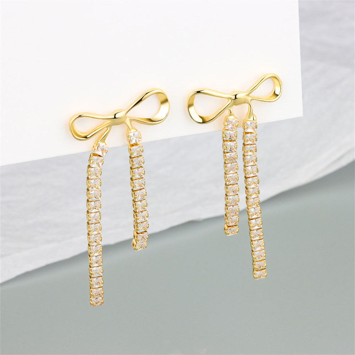 Cubic Zirconia and 18K Gold-Plated Bow Tassel Drop Earrings, gold drop earrings for women, styled look