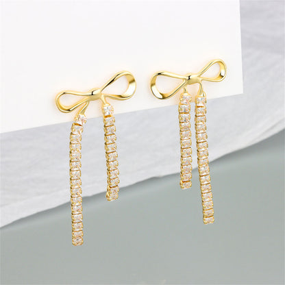 Cubic Zirconia and 18K Gold-Plated Bow Tassel Drop Earrings, gold drop earrings for women, styled look