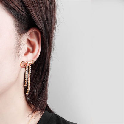 Cubic Zirconia and 18K Gold-Plated Bow Tassel Drop Earrings, gold drop earrings for women, front view
