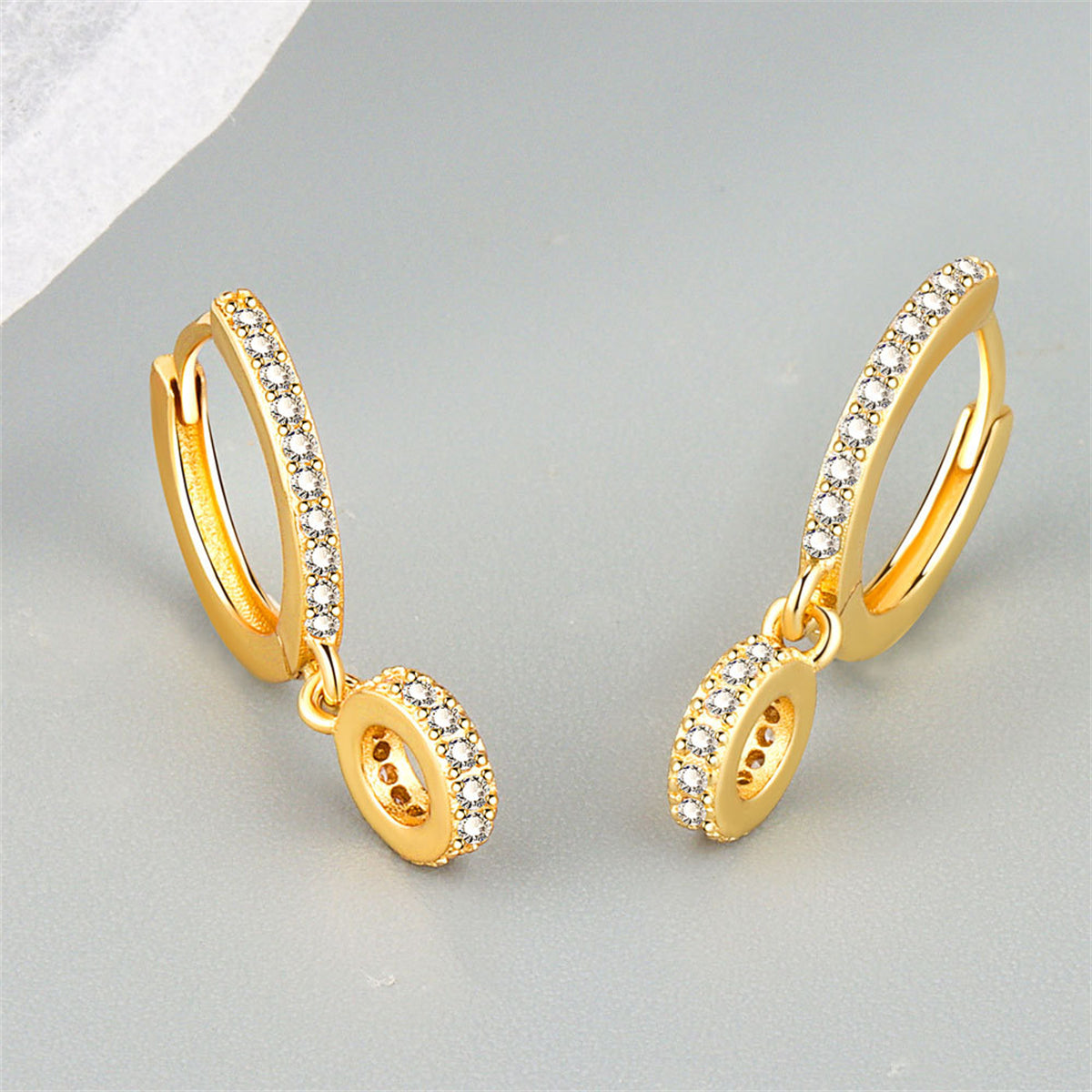 Cubic Zirconia and 18K Gold-Plated Round Huggie Earrings, gold huggie earrings, everyday style, front view