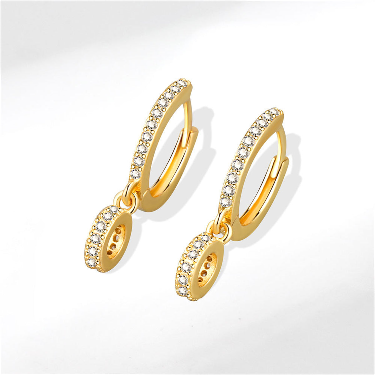 Cubic Zirconia and 18K Gold-Plated Round Huggie Earrings, gold huggie earrings, everyday style, detail close-up