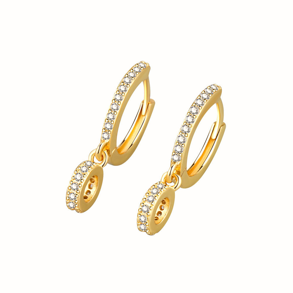 Cubic Zirconia and 18K Gold-Plated Round Huggie Earrings, gold huggie earrings, everyday style, side view