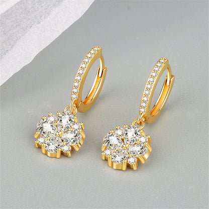 Crystal and 18K Gold-Plated Flower Huggie Earrings, gold huggie earrings, everyday style, front view